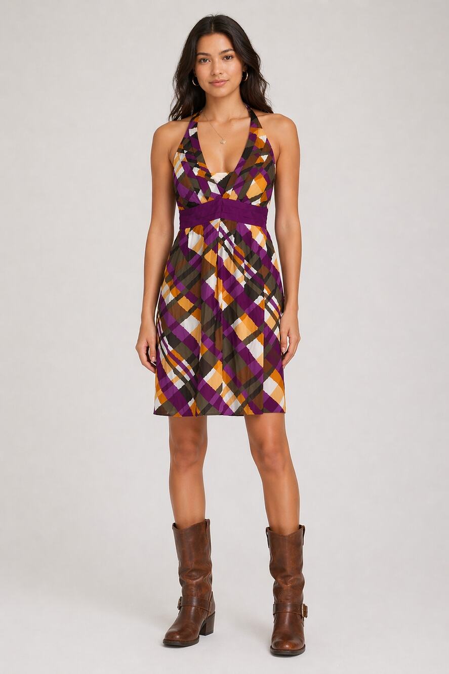 Moulinette Soeurs Halter Etty Pleated Mini Dress Womens Size 6 Purple Brown Y2K